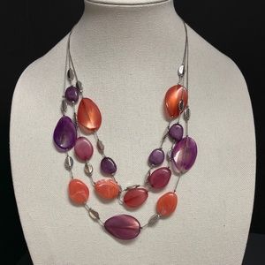 NY Signed Vintage Triple Chain Cluster Necklace Pink Purple Silver Beads